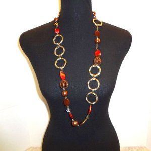 Adjustable Silver Round Ring Necklace with Brown, Red & Copper Large Beads